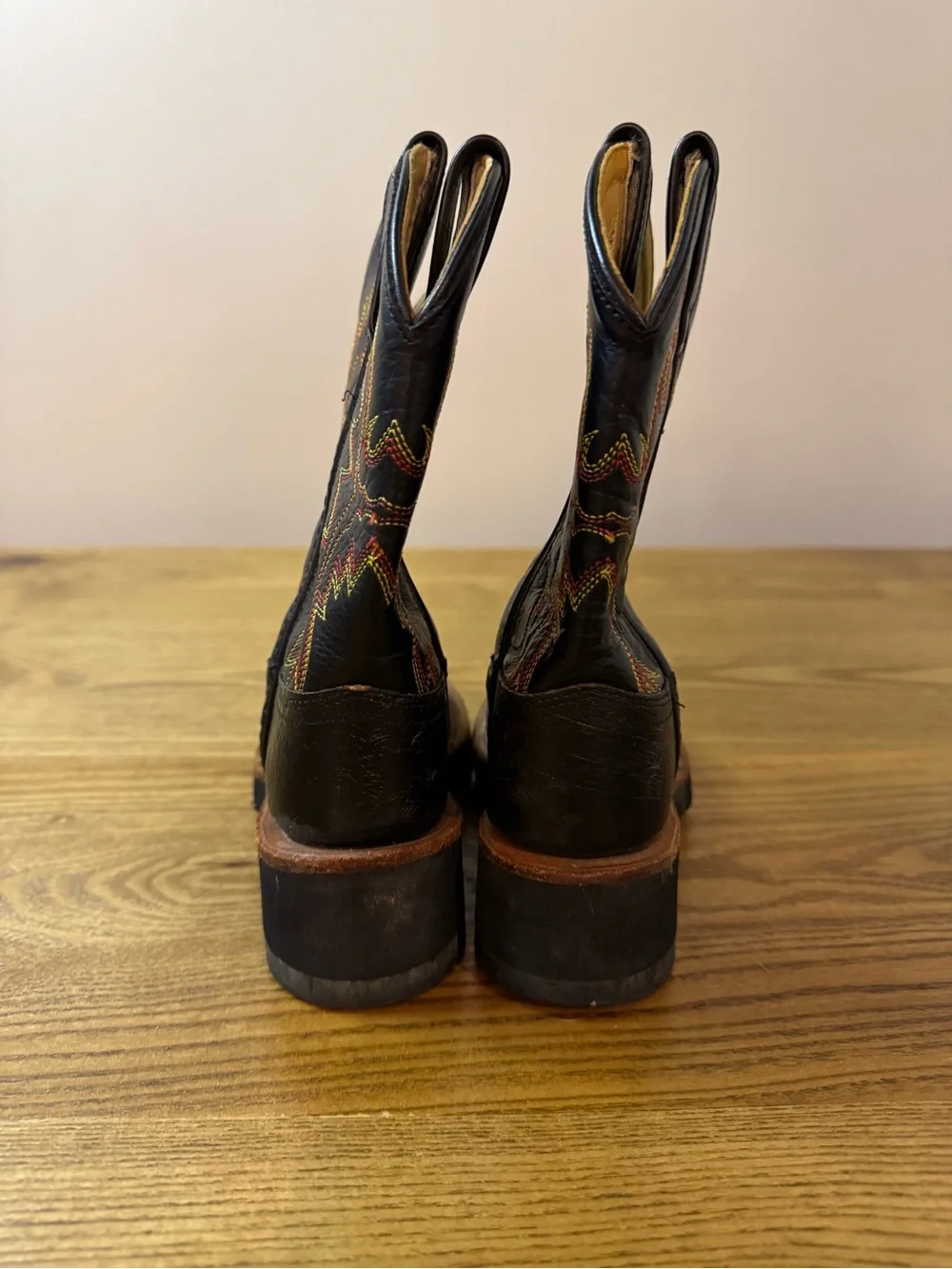 Old West Black Kids Cowboy Boots with Multicolor Flame Stitching 9.5C